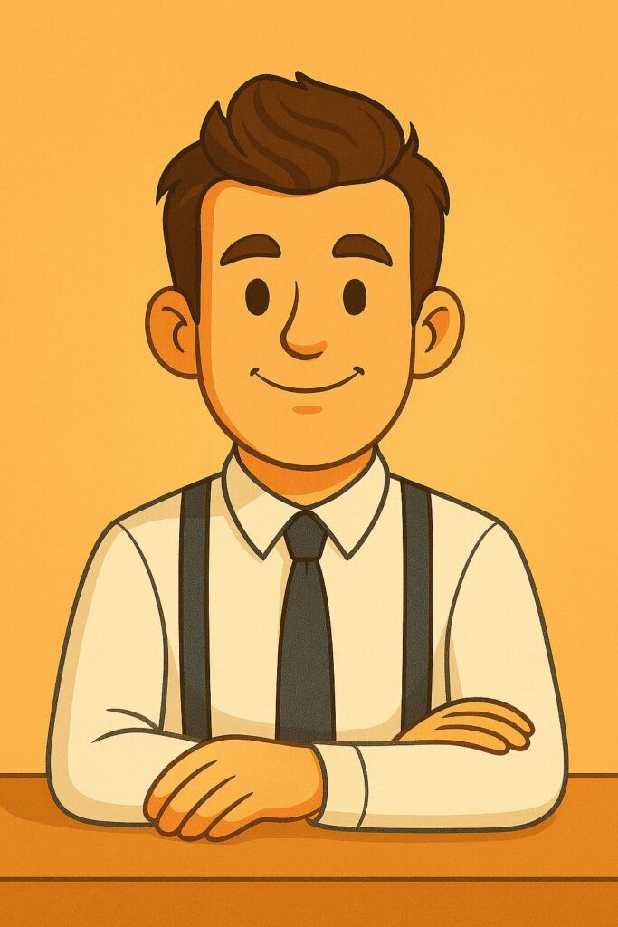 Avatar mit braunen Haaren, weißem Hemd, dunkelblauer Krawatte und Hosenträgern vor orangefarbenem Hintergrund