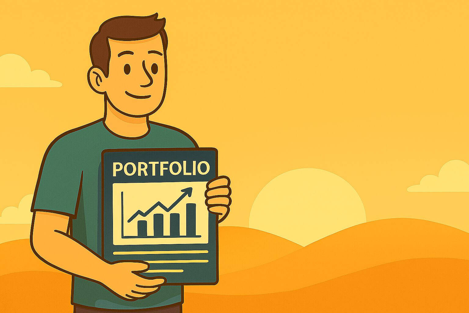 Illustration eines Mannes, der eine Mappe mit der Aufschrift ‚Portfolio‘ und einem steigenden Balkendiagramm hält.