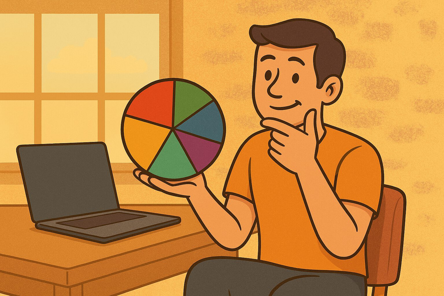 Cartoon eines nachdenklichen Mannes am Schreibtisch, der ein farbenfrohes Kuchendiagramm betrachtet. Symbolbild für die Überlegung, wie man sein Portfolio sinnvoll diversifizieren kann.